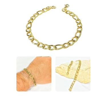 Imagem de Pulseira Masculina Fígaro Grossa 6Mm Dourado 3X1 Aço Inox