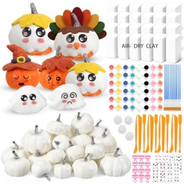 Imagem de Amyhill Conjunto de 24 kits de pintura de outono DIY Pumkin decorações, incluindo ferramenta de cerâmica de argila de abóbora branca, paleta de pincéis de tinta acrílica, adesivos de expressão para