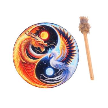 Imagem de Dynwave Tambor Xamânico Instrumental - Músico Instrumental - Tambor de Mão Xamânico com Baqueta, Dragão E Fênix