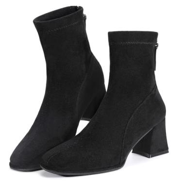 Imagem de Trakxy Botas Femininas De Bico Quadrado, Salto Baixo Em Bloco, Camurça Sintética, Botas Chelsea, Sapatos Femininos