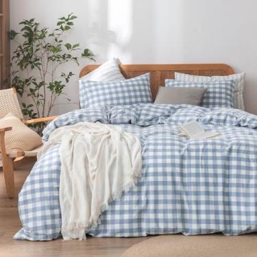 Imagem de BESTOUCH Conjunto de capa de edredom 100% algodão lavado, linho, super macio, confortável, chique, leve, 3 peças, conjunto de cama para casa centáurea azul e branco quadriculado king