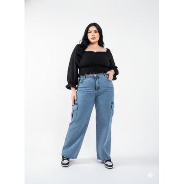 Imagem de Calça Jeans Feminina Wide Leg Preta Rasgada Plus Size Lycra - Reemb Mo
