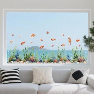 Imagem de ANATTASOUL Adesivos de janela estática algas marinhas e peixinhos dourados 1 folha reutilizável decalque de janela para vidro, 120 cm x 30 cm adesivo de janela dupla face removível para quarto
