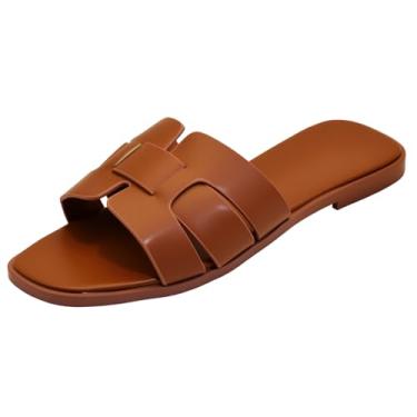 Imagem de Sandálias rasteiras femininas, chinelos femininos de couro com alça cruzada, sapatos elegantes e confortáveis, elegantes para o verão, outono, primavera, fofo, bico aberto, calçado casual, Marrom, 41