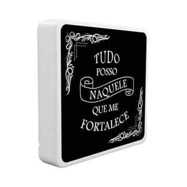 Imagem de Luminária Box Slim LED USB, Decorativa com Frase Tudo Posso Naquele Que Me Fortalece, Preta e Branca, Luz Noturna