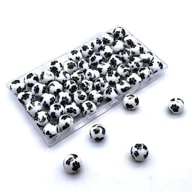 Imagem de YOKUSHI 50 peças de contas de silicone impressas em pata de 15 mm a granel, contas focais redondas de borracha soltas para chaveiros, canetas, colar, pulseira, fabricação de cordão