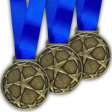 Imagem de Kit 5 Medalhas Para Futebol Premiação Liga dos Campeões para Esporte Com Fita Azul (Dourado)