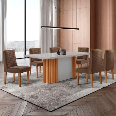 Imagem de Mesa De Jantar Aspen 180cm Tampo Mdf Vidro 6 Cadeiras Safira Veludo Marrom/nat/off/serig. Off