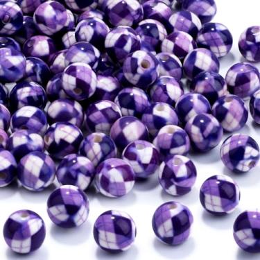 Imagem de 100 peças de contas de resina de 10 mm a granel para kit de fabricação de pulseiras, contas soltas redondas impressas em grade roxa e branca para joias, brincos, colar, anéis, arte, artesanato
