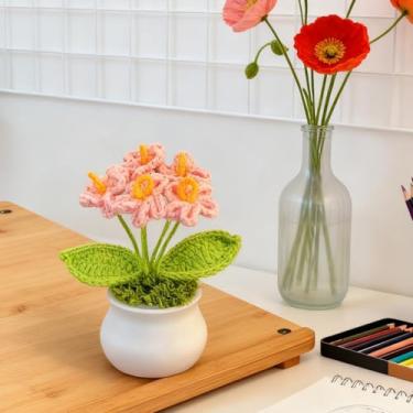 Imagem de Vaso de flores de crochê à mão com girassol, flores artificiais tricotadas para decoração de mesa de casa, decoração de mesa com arranjo de fios coloridos (rosa)