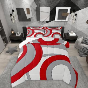 Imagem de Erosebridal Jogo de cama solteiro com círculos geométricos artísticos e listrados, vermelho, cinza, para minimalistas, arte graffiti, linhas modernas, boêmio, estética