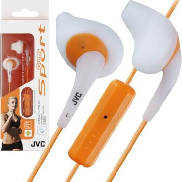 Imagem de JVC Fones de ouvido esportivos Gumy à prova de suor bico branco e laranja com cordão colorido longo HA-ENR15W