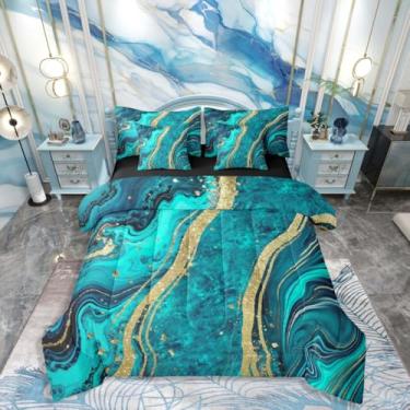 Imagem de Erosebridal Conjunto de edredom Queen de mármore azul-petróleo para mulheres, homens e adultos | Conjunto de cama de arte abstrata moderna em uma bolsa, conjunto de cama de 7 peças, textura metálica