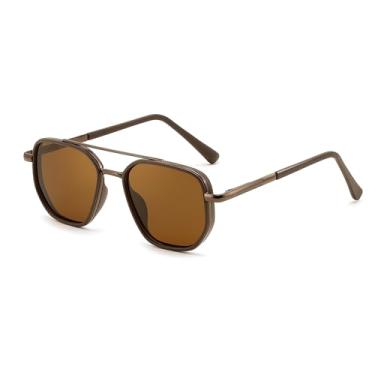 Imagem de FEISEDY Óculos de sol aviador polarizados para homens, armação de metal retrô quadrada com proteção UV 400, lentes TAC B0329, Marrom fosco/marrom, 56mm