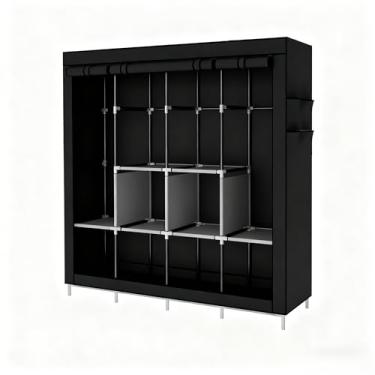 Imagem de Guarda Roupa Dobrável Armário Organizador Multiuso Roupeiro Cabideiro Sapateira- Roupeiro com Capa Protetora para Quarto e Viagem(PRETO,CASAL DUPLO)