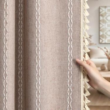 Imagem de Cortinas blecaute Boho com 2 painéis de 203 cm para sala de estar e quarto, bege blush bege quente textura de linho cortinas de fazenda com borlas e bordado de algodão branco vintage rústico country