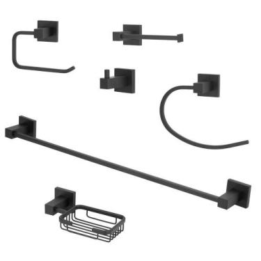 Imagem de Kit Acessórios Quadrado Banheiro Preto/Black Fosco 6 Peças - Modelar