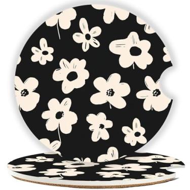 Imagem de Mengduxd Conjunto de porta-copos de carro, porta-copos de cerâmica de 2,56 cm, suporte de cortiça resistente a arranhões, design de ranhura de dedo para fácil colocação, unissex (flores brancas)