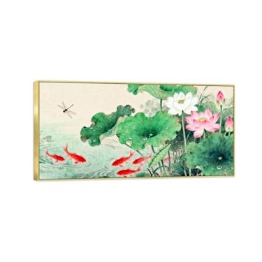 Imagem de Chinoiserie Arte de parede paisagem imagem em tela - flores de lótus folha koi-chinesa pintura moldura dourada para decoração de casa 50 x 100 cm 20 x 39 pol