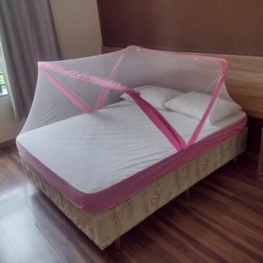 Imagem de Mosquiteiro Tenda Retrátil Acoplável ao Colchão – Estrutura Resistente, Portátil e Dobrável para Cama Solteiro e Casal(Rosa casal 135~145x188)
