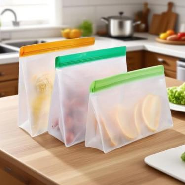 Imagem de Pacote com 3 sacos reutilizáveis para armazenamento de alimentos, selos de zíper resistentes a vazamentos para cozinha, geladeira, viagem, congelador, lanche e preparação de refeições