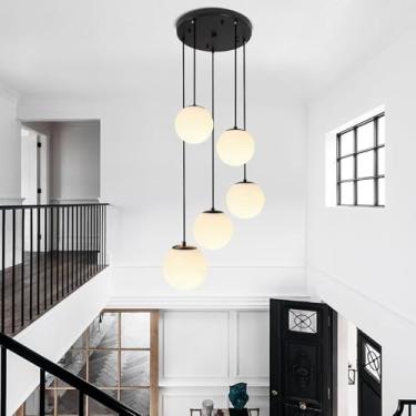 Imagem de Lustre Cluster Globe de Vidro com 5 Lâmpadas, Acabamento Dourado Escovado, Estilo Meados do Século XX, com Vidro Branco Leitoso, Luminária Pendente Multiuso para Escadas, Altura Ajustável, I
