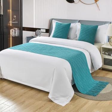 Imagem de Cachecol de cama de cor sólida com borla, corredor de sofá de tecido decorativo, costura resistente, resistente ao desbotamento, antiderrapante, perfeito para estilo de quarto de hóspedes - Azul||60