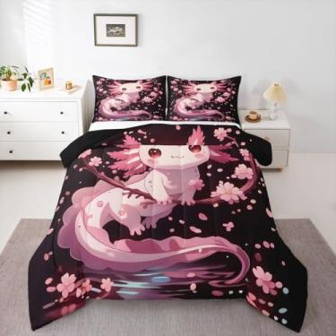 Imagem de Erosebridal Axolotl Conjunto de edredom completo para meninas | Conjunto de cama japonês flor de cerejeira animal de estimação animal de estimação rosa salamandra com enchimento de edredom subaquático