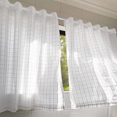 Imagem de Cortina de Cozinha Voil com Forro 2,00 x 1,20 Voal Xadrez Branco Minimalista Tecido Duplo Microfibra Ilhós 19mm para Varão Simples