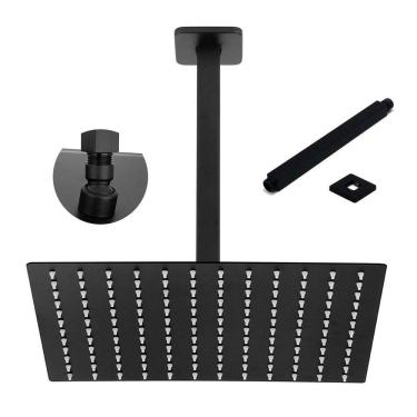 Imagem de Chuveiro Ducha Preto Fosco 20x20 Inox Suporte Teto Quadrado