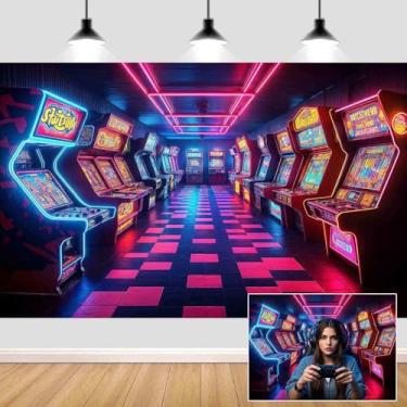 Imagem de Pano de fundo retrô de 1,5 x 9 m para jogos de arcade para jogos, vídeo game, fotografia noturna, tema de jogos, decorações de festa de aniversário, suprimentos para banners