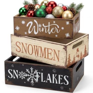 Imagem de Fiwochic 3 peças caixa de madeira de inverno vintage caixa de armazenamento rústica de Natal fazenda decoração de mesa de inverno caixas de armazenamento de madeira balde organizador para prato de