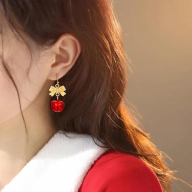 Imagem de Conjunto de 3 pares de brincos de Natal com sino vermelho e verde para mulheres, berloques de laço dourado, brincos pequenos e leves para festivais, joias