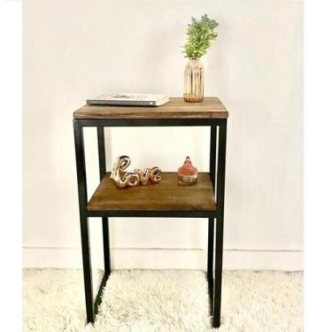 Imagem de Mesa De Canto Cabeceira Criado em Madeira Industrial Metal Preto - Don