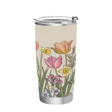Imagem de Wassud Copo vintage tulipas primavera com tampa e canudo aço inoxidável parede dupla copo isolado copo de viagem caneca de café para bebidas frias e quentes 590 ml