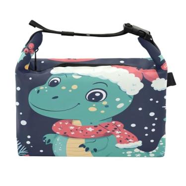 Imagem de STAYTOP Dinossauro fofo usando um chapéu de Natal lancheira com fivela de alça, lancheira isolada para meninos e meninas, lancheira térmica para trabalho escolar