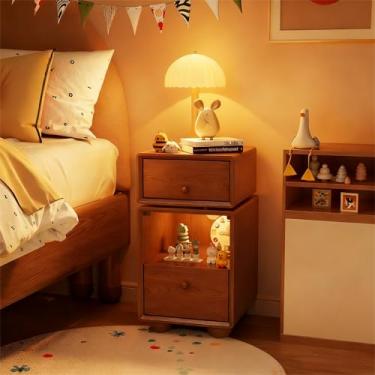 Imagem de Muwuele Mesa de cabeceira fofa de madeira maciça com gavetas giratórias de 360°, semimontada, mesa de cabeceira infantil com luzes LED e 2 gavetas, mesas de cabeceira caneladas modernas para quarto