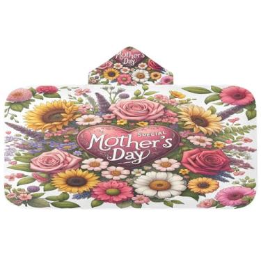 Imagem de Burbuja Toalha de banho com capuz para o Dia das Mães com Flores para crianças, toalha de praia de pelúcia macia absorvente para meninas e meninos 3-10 anos, 61 x 127 cm