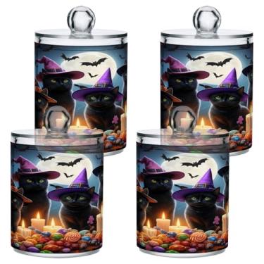 Imagem de STAYTOP 4 frascos de boticário Qtip para banheiro com etiquetas – Recipiente de armazenamento Qtip de plástico transparente para bola de algodão, cotonete, grão de café e gato de Halloween