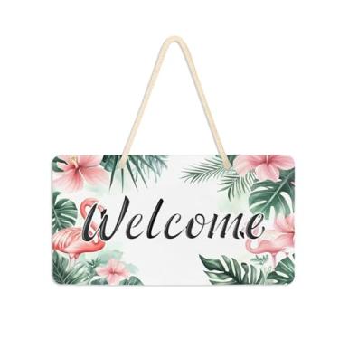 Imagem de Burbuja Placa de boas-vindas de flamingos de plantas tropicais para porta da frente, placa de boas-vindas de PVC para pendurar na parede, decoração de férias, 15 x 28 cm