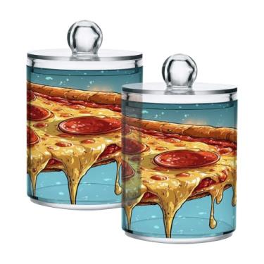 Imagem de STAYTOP 2 frascos de boticário deliciosos de pizza Qtip para banheiro com etiquetas – Recipiente de armazenamento Qtip de plástico transparente para bola de algodão, cotonete, grão de café