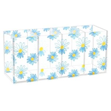 Imagem de Burbuja Porta-canetas de acrílico com margaridas azuis e brancas, 4 compartimentos, suporte de lápis transparente para pincéis de maquiagem, acessórios de mesa de escritório em casa