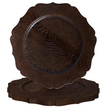 Imagem de MAONAME Conjunto de 6 pratos de carregador marrom de 33 cm, carregador redondo para pratos de jantar, carregadores de pratos recortados com aro dourado, carregadores de plástico para mesa, decoração