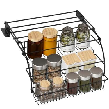 Imagem de KHZSPP Suporte de temperos de 3 camadas, organizador de temperos de 33 cm para armários internos, prateleira de elevação expansível para exibição, prateleira de tempero de cozinha de aço carbono para