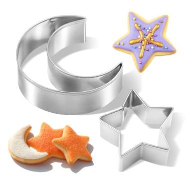 Imagem de Conjunto de 2 peças de cortadores de biscoito de estrela e lua, de aço inoxidável, cortador de biscoito de estrelas pequenas, fofos, grandes, em forma de lua, molde em forma de estrela e lua para