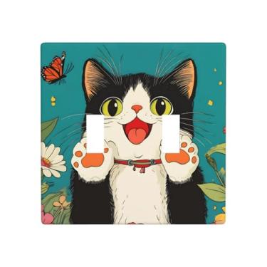 Imagem de Indokyeyqaz Placa decorativa para interruptor de luz de borboleta de gato fofo, placa decorativa de parede, 2 placas de interruptor e capas de tomada 11,4 x 11,4 cm para quarto, banheiro, cozinha