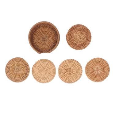 Imagem de Ymiko Porta-Copos de Vime Tecido de 5 Peças de 10 Cm, Tapetes de Bebidas Naturais para Copos e Pratos, Protetores de Mesa Resistentes Ao Calor para Cozinha, Sala de Jantar, Uso na Sala de Estar
