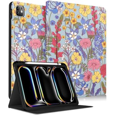 Imagem de Wazzasoft for iPad Pro 11 Inch Case M5 2025/M4 2024 - Women Girls Cute Smart Folio Cover (Auto Wake/Sleep) with Build-in Pencil Holder for Apple Tablet Soft TPU Protective Cover,Line Floral