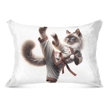 Imagem de Capa de travesseiro de flanela ragdoll de gato Kung Fu com zíper King Queen tamanho padrão fronhas macias para cama, tamanho padrão, 51 x 66 cm