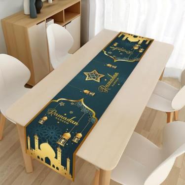 Imagem de Caminho de mesa Ramadan Mubarak, decorações de Ramadan Kareem verde escuro com castelo de lanterna e padrão de estrelas, corredores de mesa de jantar de cozinha para decoração de feliz feriado